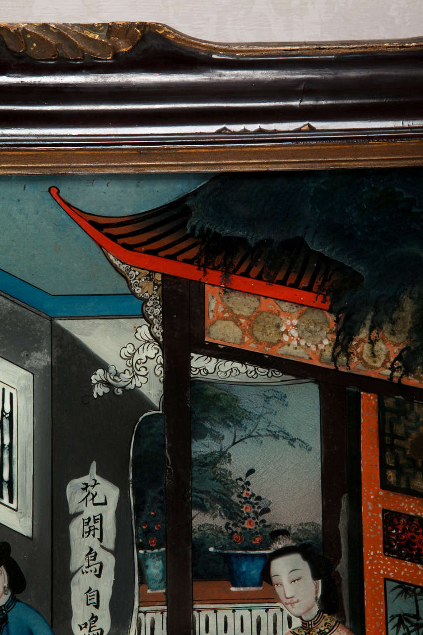 Chinese Export Pair of  19' century Chinese Reverse-Painted Mirror Pictures For Sale